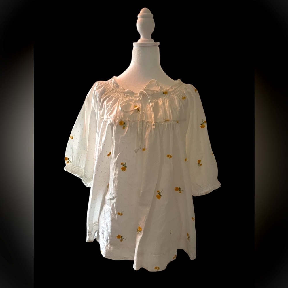 Fat Face White Peasant Blouse with Yellow Floral Embroidery